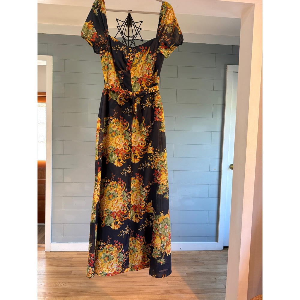 Vera Mont Paris Vintage Floral Maxi Dress Navy Blue Puff Sleeve Square Neck 38